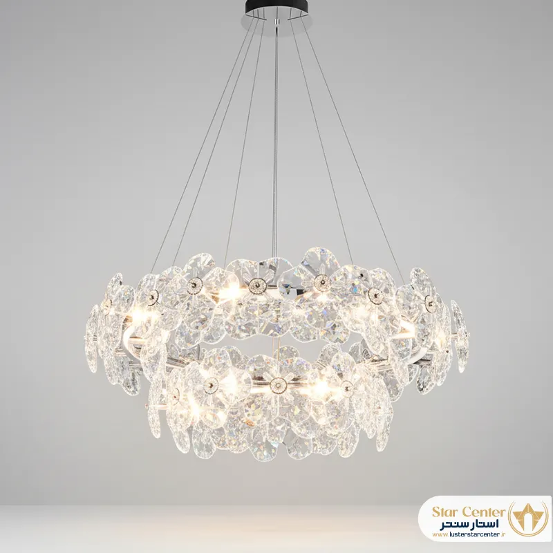 33822-54 نمای نزدیک از درخشش کریستال سواروسکی اصل در لوستر مدرن سیلو