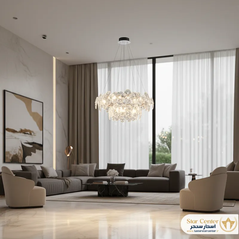 ho21 دکوراسیون پذیرایی مدرن با لوستر کریستالی شیک مدل سیلوا