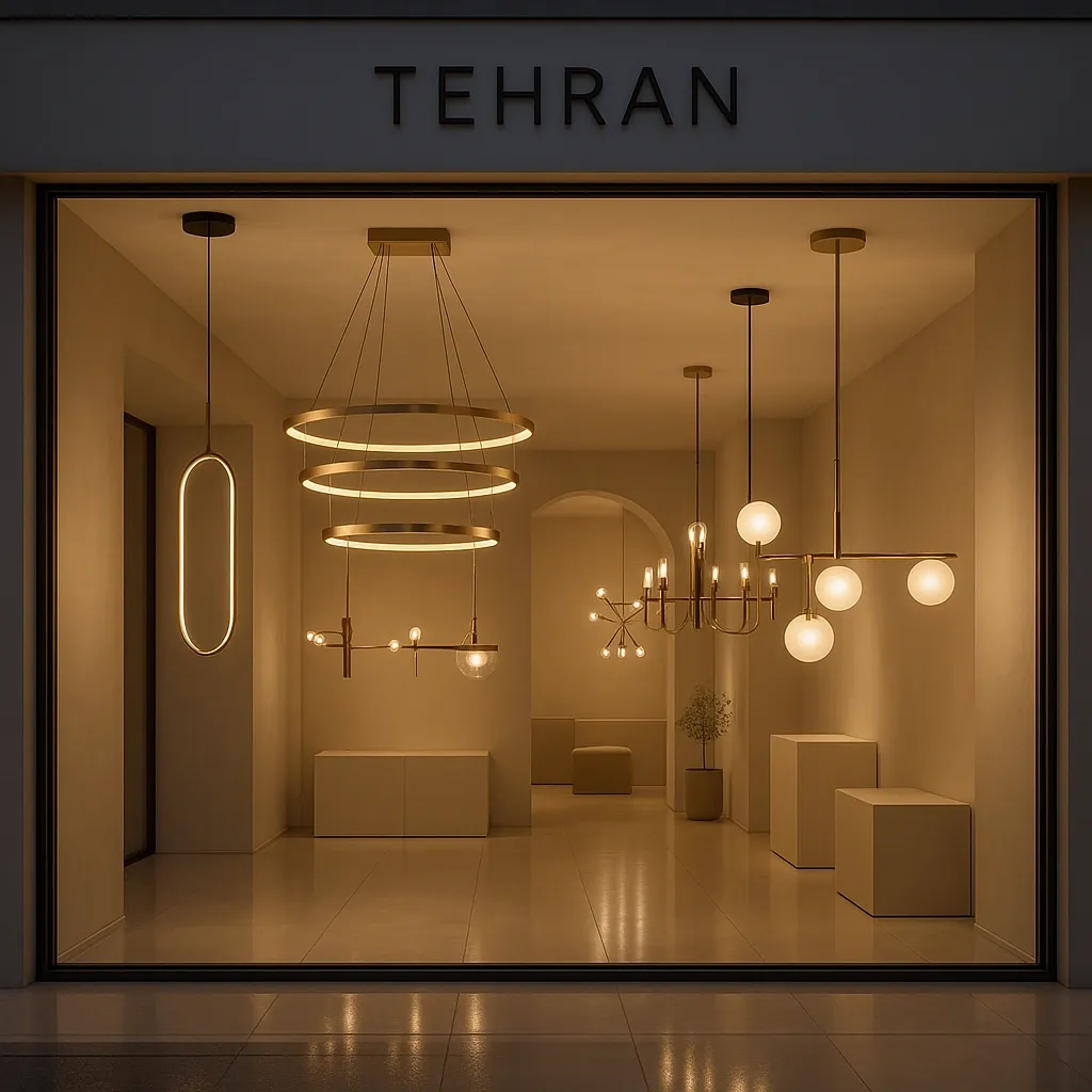نمای فروشگاه لوستر مدرن تهران با لوسترهای خطی و ریسه‌ای؛ طراحی مدرن از مجموعه استار سنتر