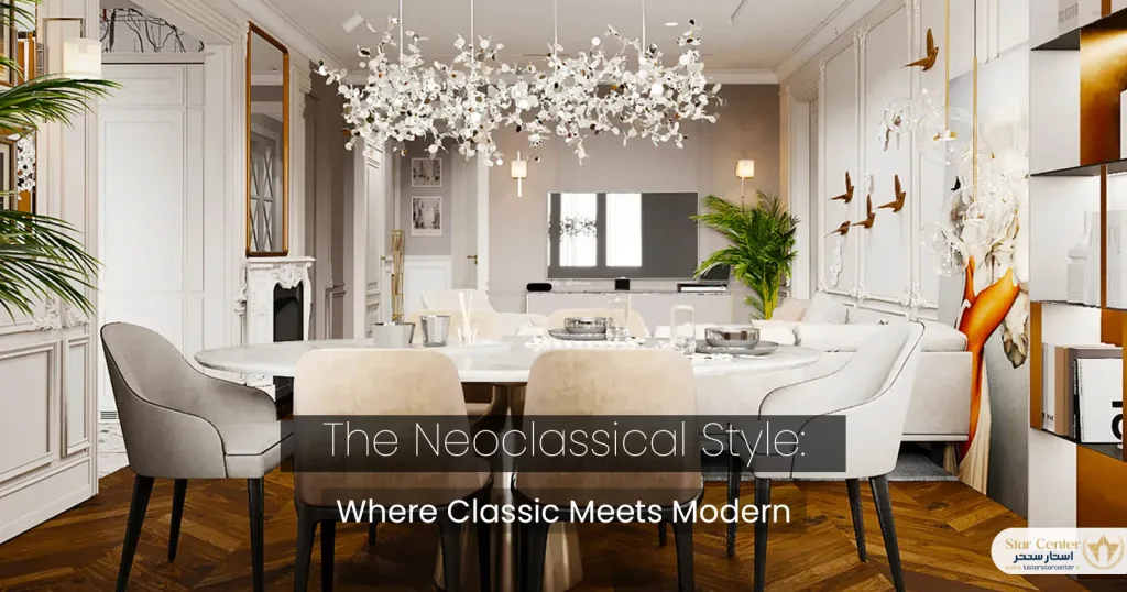 یک لوستر جدید پذیرایی نئوکلاسیک طلایی نصب شده در یک دکوراسیون مدرن